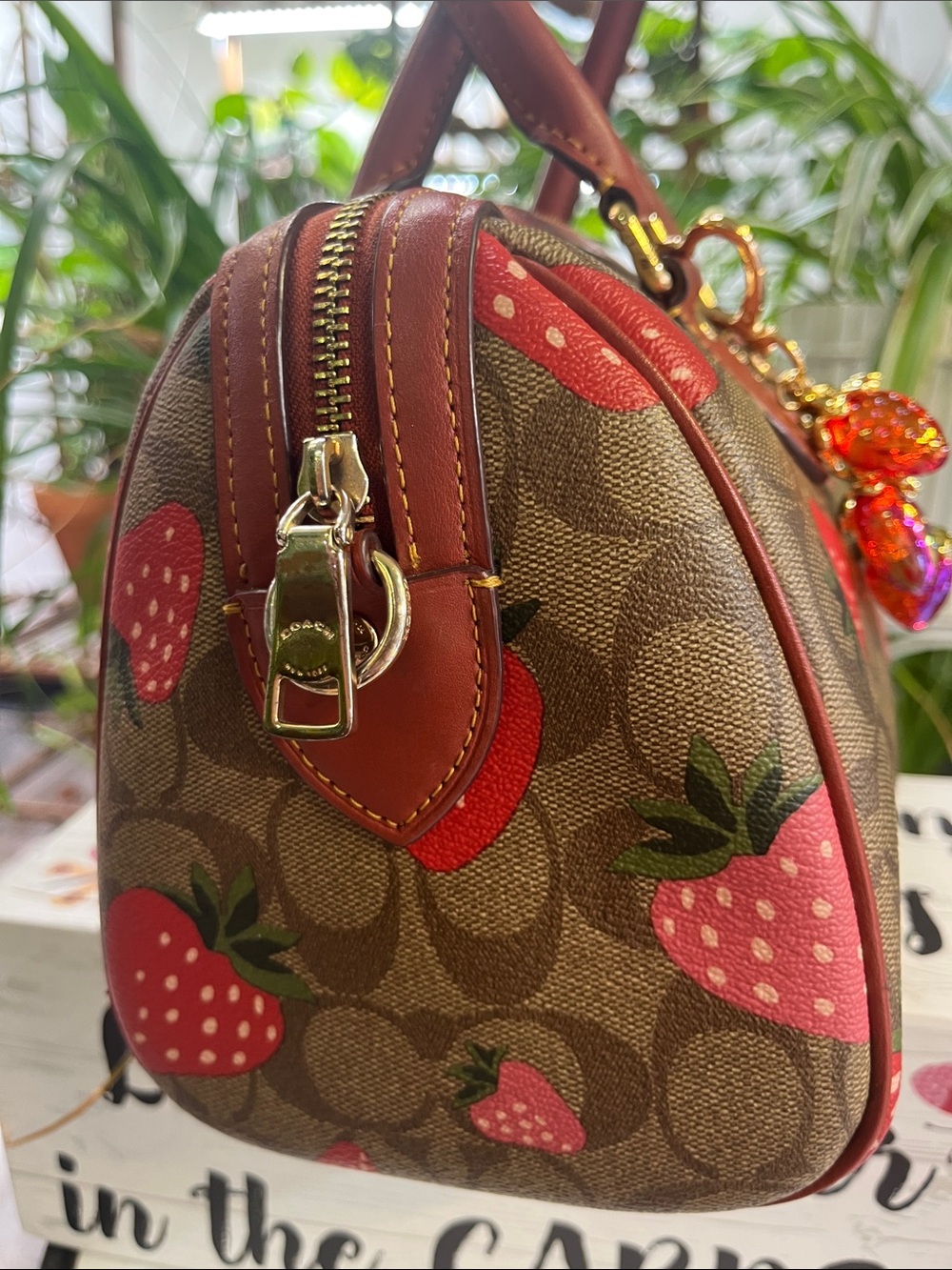 Coach Brown Signature Satchel with Red Strawberry Print - Picture 3 of 11